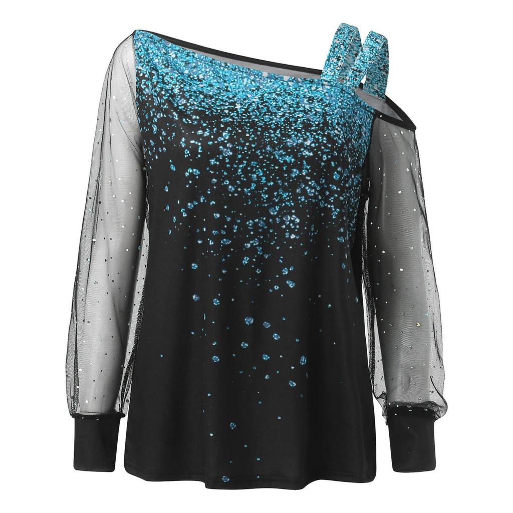 Cold Shoulder Splicing Printed Top Loose One-Shoulder Sequined Mesh T-Shirt Casual Sleeve Long Top Strapless Top
