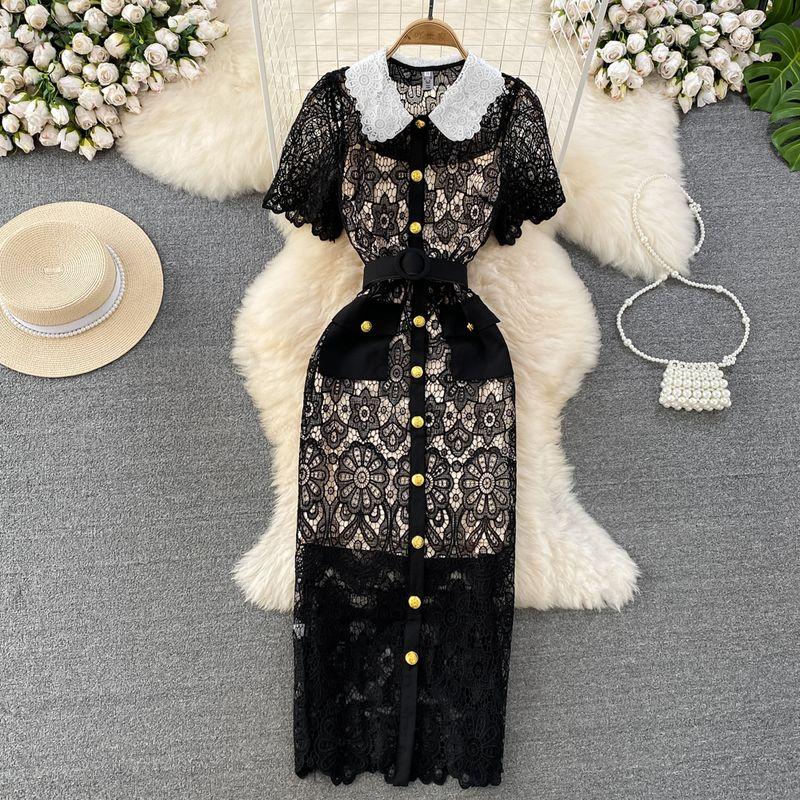 

Doll Collar Cut Out Lace Dress Elegant Short Sleeve Black S