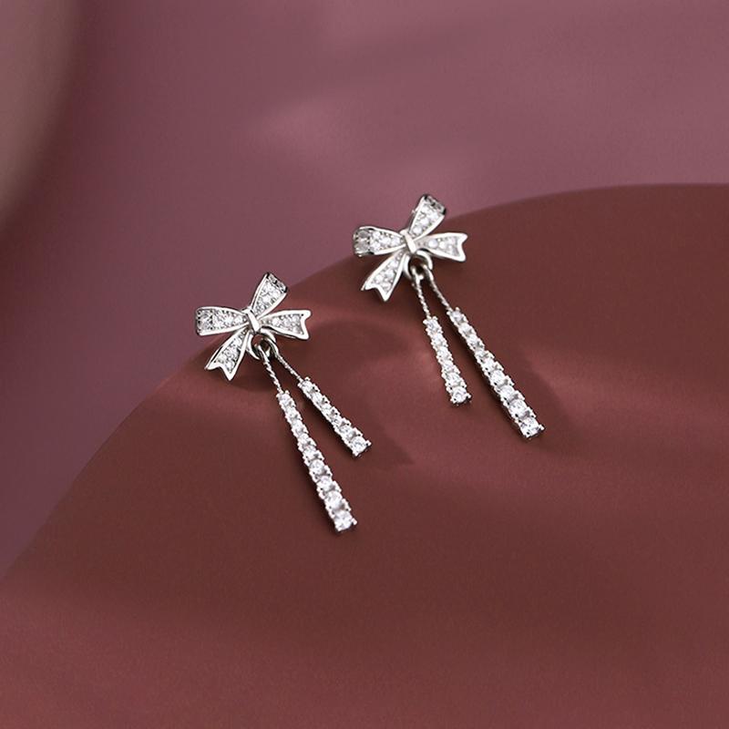 Real 925 Silver Zircon Bowknot Advanced Stud Earrings For Women Classic Fine Jewelry Light Niche Accessories