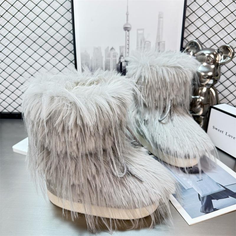 Dicke Sohle Innenhöhe Erhöhung Schneestiefel Damen Winter Gestapelt Verdickt Mittleres Rohr Flauschige Schuhe Rutschfest Warm Mondstiefel Kleine Größe