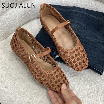 Moda SUOJIALUN 2025 Verano Nueva Marca Zapatos Planos para Mujer Moda Tejido Hueco Slip-On Mary Jane Bailarina Zapatos Planos para Señora Suaves Vestir Individual S