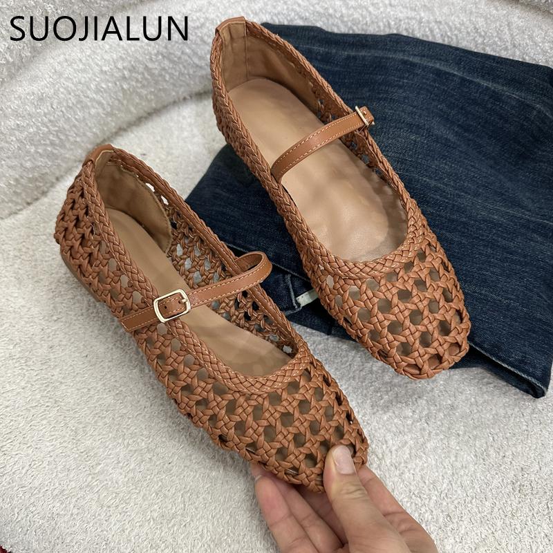 Fashion SUOJIALUN 2025 Summer New Brand Women Flat Shoes Fashion Weave Hollow Slip On Mary Jane Ballet Ladies Flats Soft Dress Single S