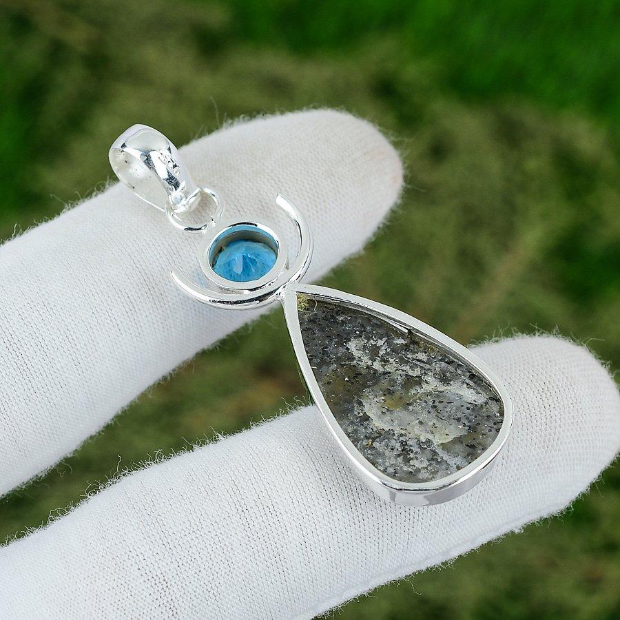 Sterling Silver Black Sunstone Stone Swiss Blue Topaz Sacral Chakra Boho Pendant