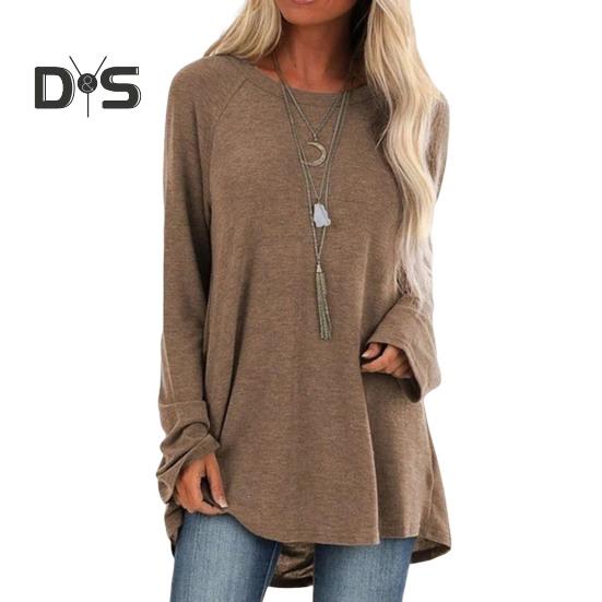 Women Tops Round Neck Long Sleeve Loose Fit Solid Color Tunic Top Casual Shirt with Hip Coverage Length