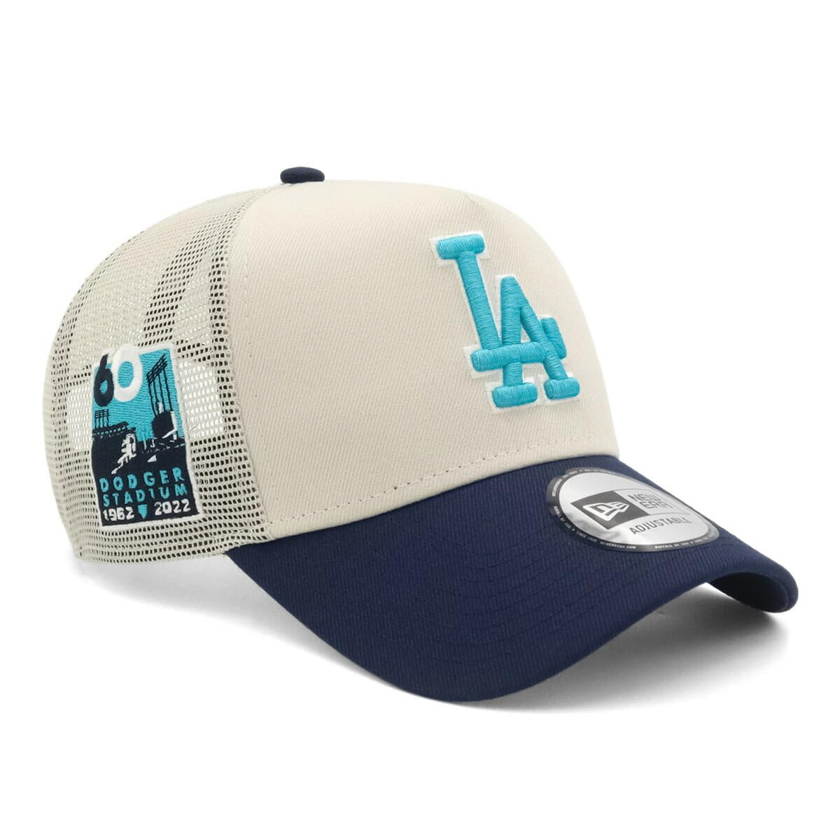 

New Era MLB Mesh ONSPOTZ LA Free Trucker Cap with CS Stone Oceanside Blue Side Los Angeles Dodgers 9FORTYA-FRAME Cap, Exclusive, Stone/Blue, Shipping,
