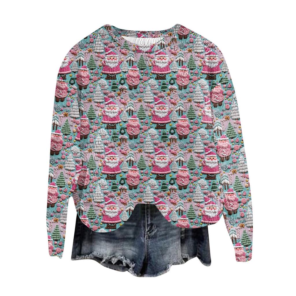 Women's Fashion Round Neck Pullover Top Long Sleeve Tee Christmas Printed Sweatshirt
