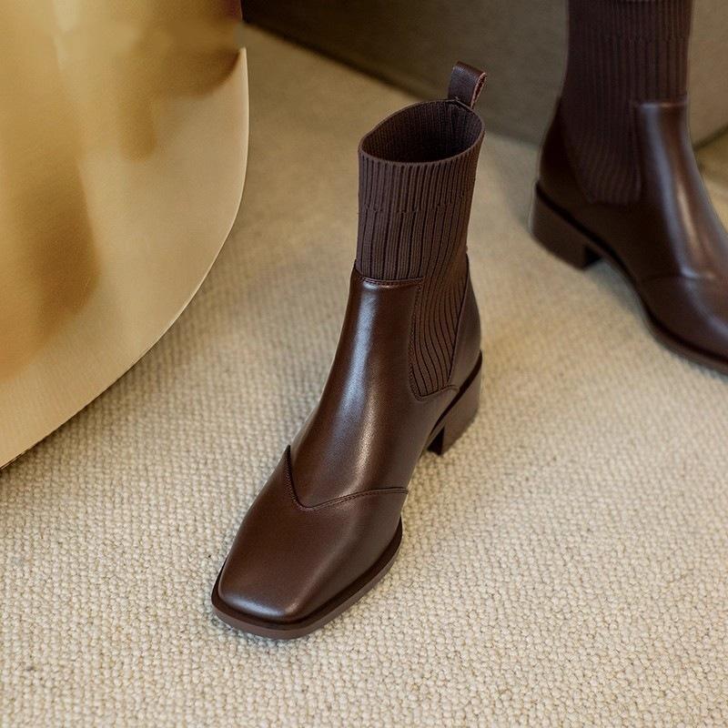 Chelsea high-heeled short boots women's spring and autumn single boots 2025 new elastic Martin boots thick heel leather thin socks boots