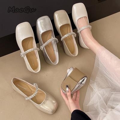 Quadratische Zehenpartie Ballerinas Damen Freizeit Mary Janes Perlenbesetzter Schnallenriemen Weich Bequem Damen Niedriger Absatz Pumps Elegant Größe 35