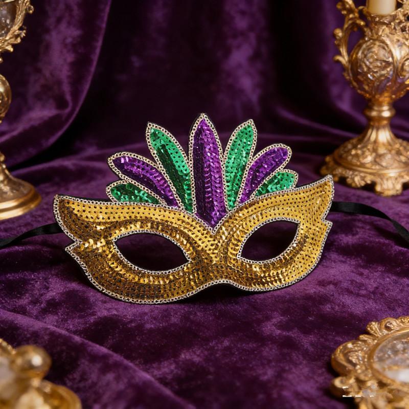 Purple Green Yellow Sequin Mardi Gras Masque Masquerade Venetian Carnival Half Face Mask Halloween Cosplay Accessories+