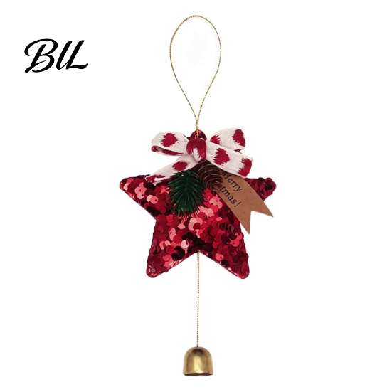 Decorative Star for Home Glitter Bell Ornaments, Sequin Hanging Decoration with Bow Pine Decor Bows Cone, Sparkly Christmas Tree Pendant Holiday Party