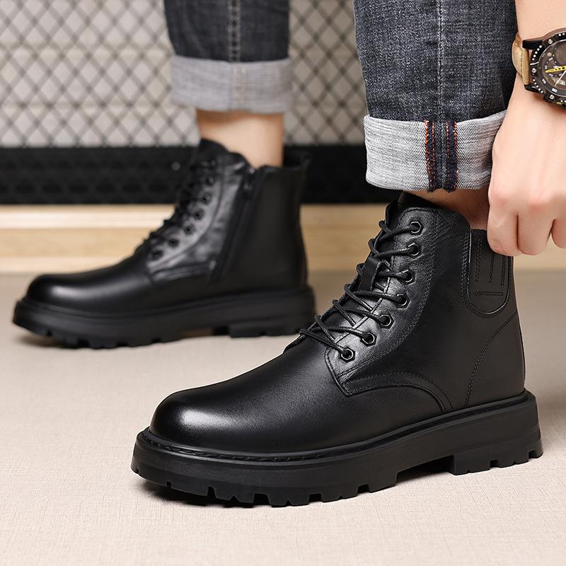 Men's Martin boots Men's winter velvet thickened men's boots Leather popular British style black high-top wool boots