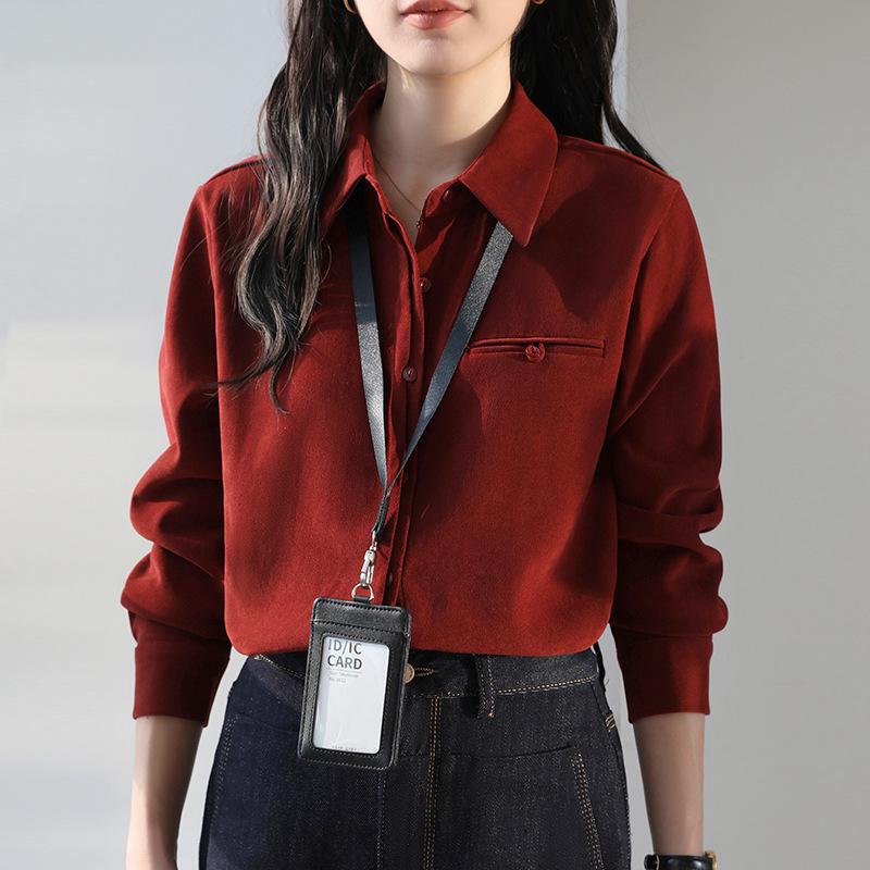 Women s Retro Red Lapel Shirt - 2026 Spring/Autumn Brushed Long Sleeve Top M красный