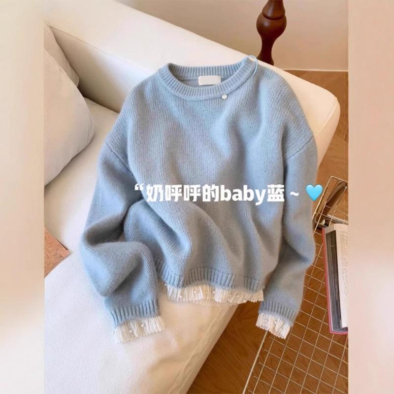 Baby Milk Blue Cuff Lace Stitching Sweater Femininity Fashion Pullover Knitted Sweater