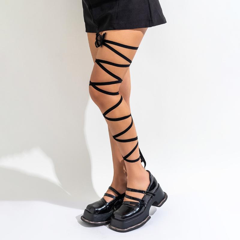 Lolita Cross Bandage Stehenní řetízek Harajuku Sexy Black Flower Butterfly Nohy Náramek Elastické Y2K tělové šperky Příslušenství