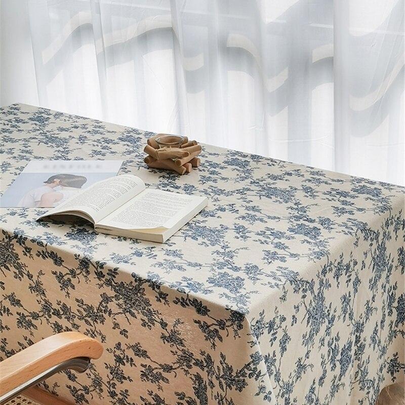Floral Table Cloth Retro Cotton Linen Blue Flower Wild Rose Tablecloths