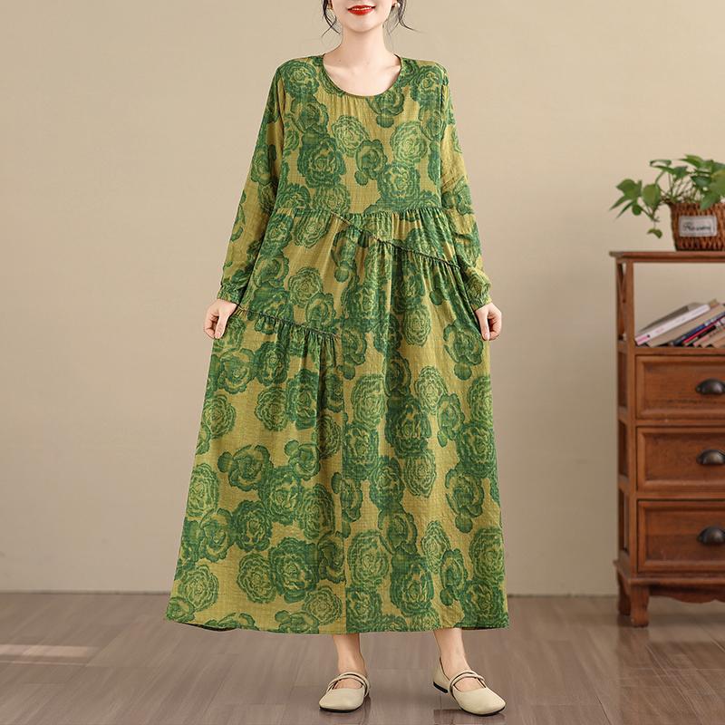 DIMANAF Women Plus Size Spring Summer New 2026 Vintage Long Dress Loose Oversize Long Sleeve Maxi Floral Print