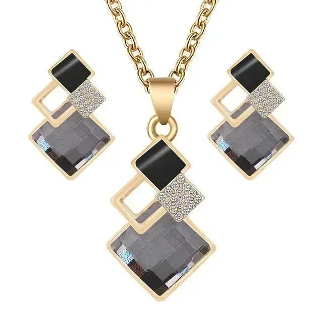 Elegant Fashion Minimalist Square Diamond Inlaid Necklace Earrings Set For Women Collarbone Chain Accessories Creative Gifts