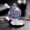 TREEWETO Mechanical Pocket Antique Blue Roman Silver Double Hunter Chain with Cover Watch, Dial, Skeleton, Numerals,