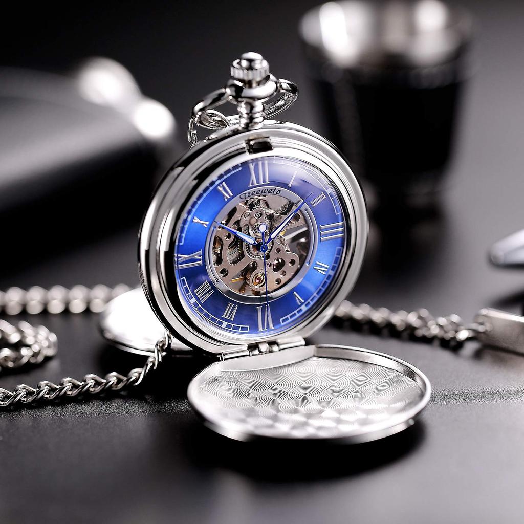 TREEWETO Mechanical Pocket Antique Blue Roman Silver Double Hunter Chain with Cover Watch, Dial, Skeleton, Numerals,