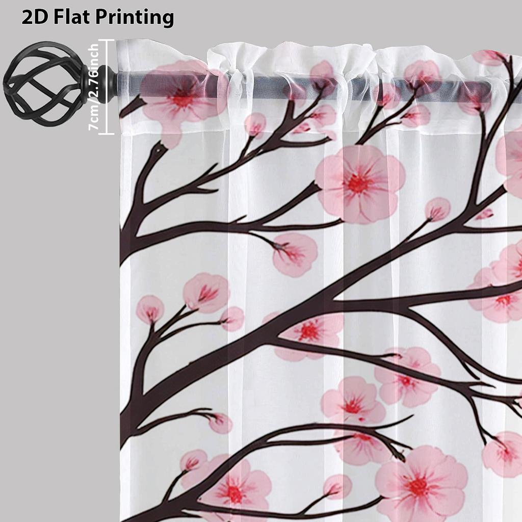 Sheer Voile Curtain Pink Cherry Blossom Print Drape Romantic Floral Window With Rod Pocket Polyester