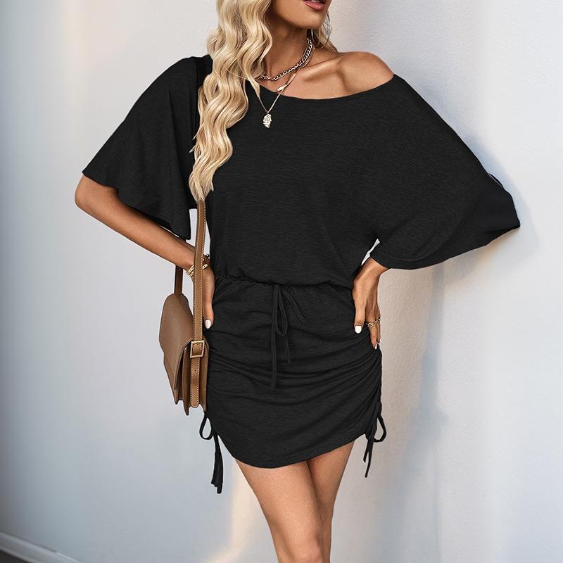 VEZFAA Women's Fashion Summer Spring Solid Color Print Short Sleeve Oblique Collar Middle Waistline Casual Dresses