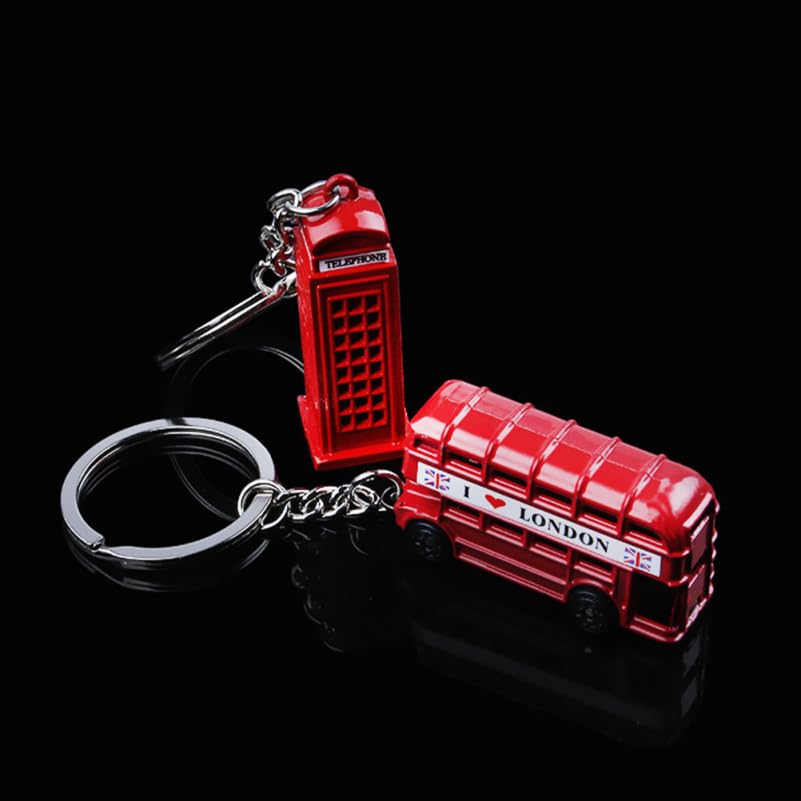 YARDWE London Keychains, Set of 10, British Souvenirs, Double-Decker Bus and Telephone Booth Designs, Red, Retro Antique Keyrings, Alloy, British