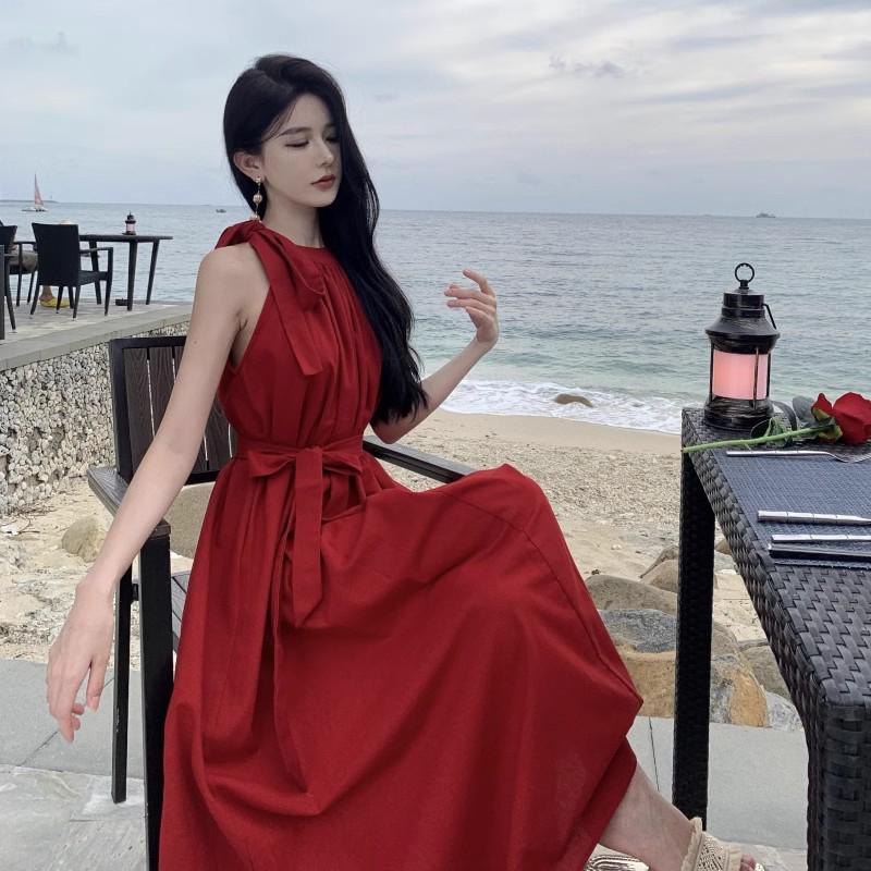 Vintage French-Chinese Red Halter Dress: Women's Summer Beach Swing