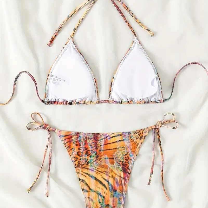 Women Colorful Tiger Leopard Print Bikini Set Shiny Metallic 2 Piece Tie Side Swimsuit