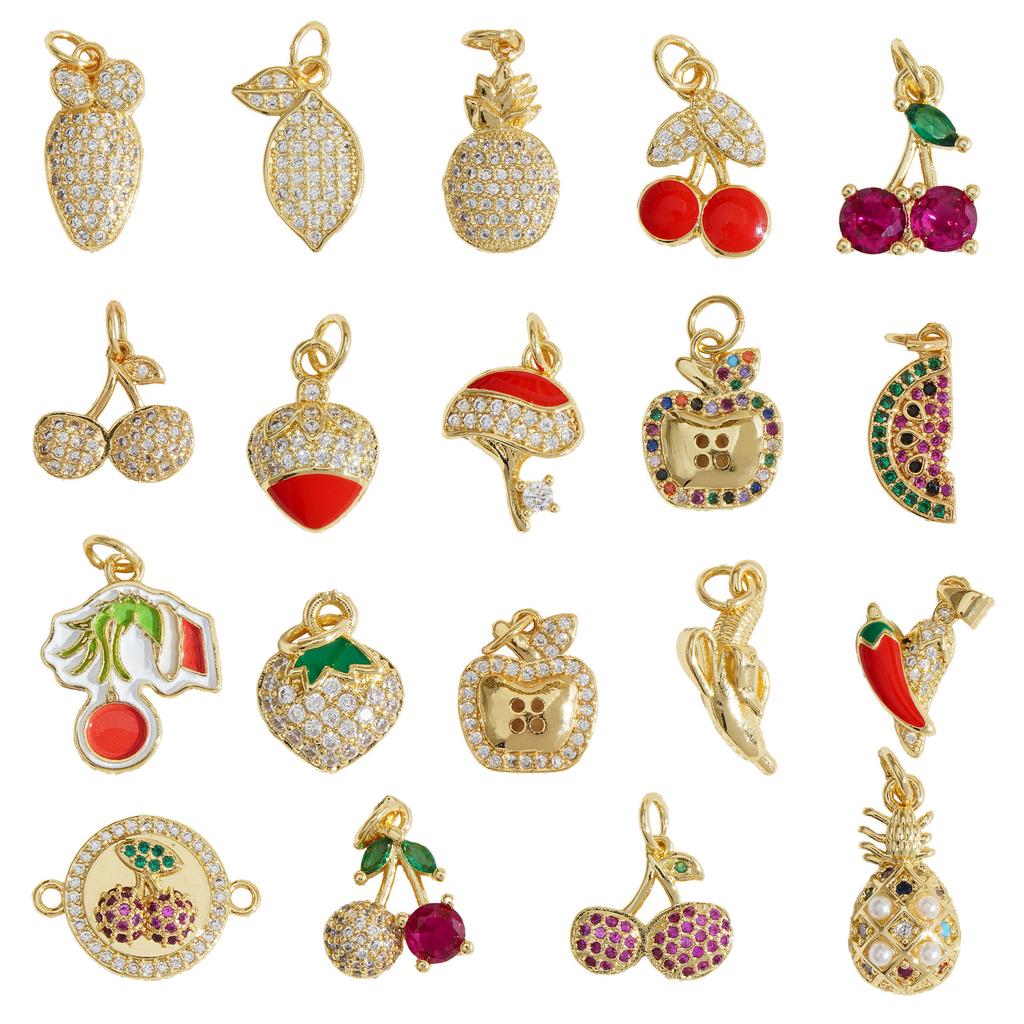 Hot Sale Custom Gold Plated Brass Zircon Paved Strawberry Lemon Cherry Apple Watermelon Pendant Charms DIY Jewelry Making