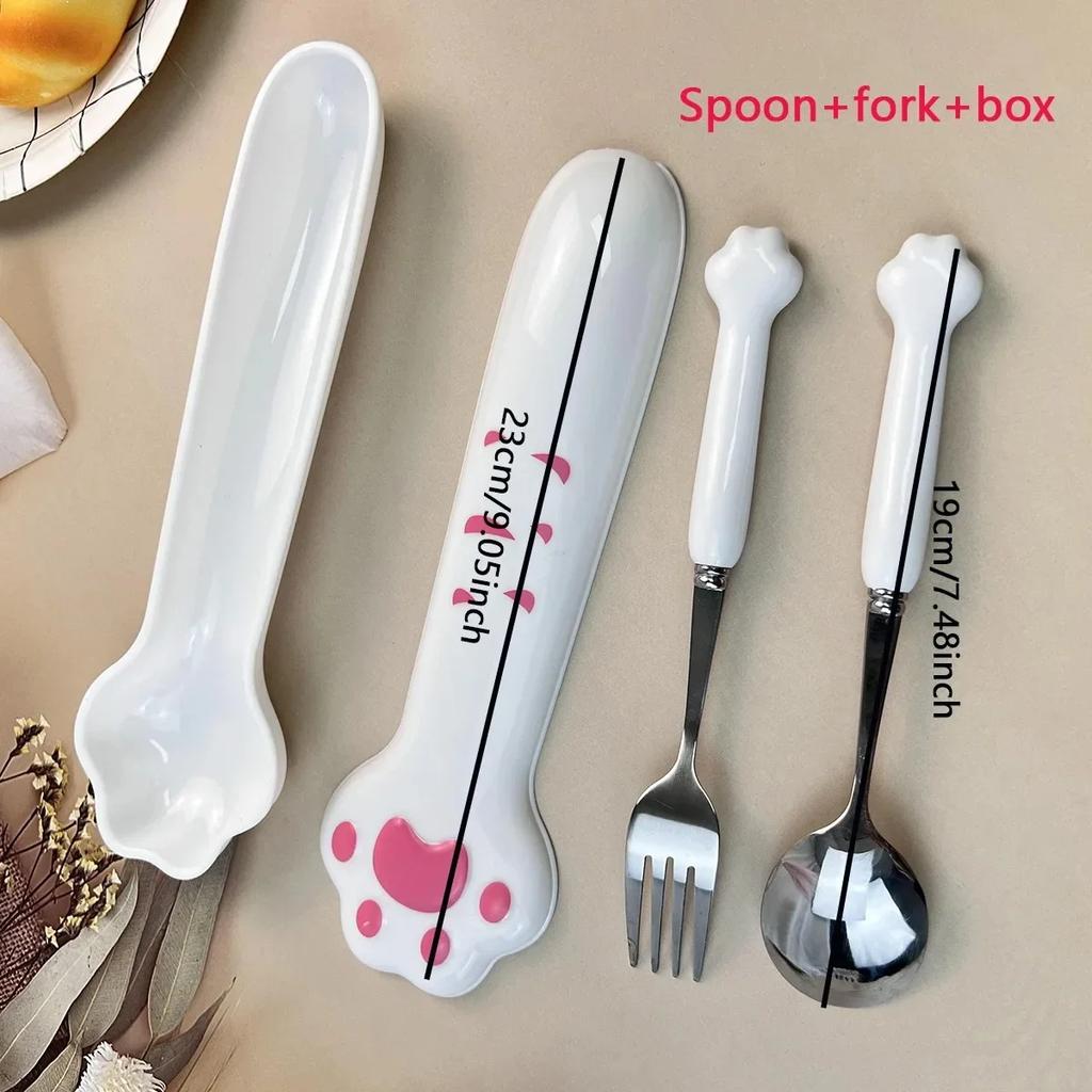 Stainless Steel Spoon and Fork Set with Storage Box Portable Tableware Cute Cat Paw Shaped Dinnerware Kit for Adults Kids School