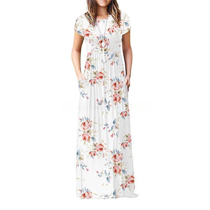 Women's Fashion Summer Spring Flower Pattern Print Short Sleeve O-Neck Casual Dresses