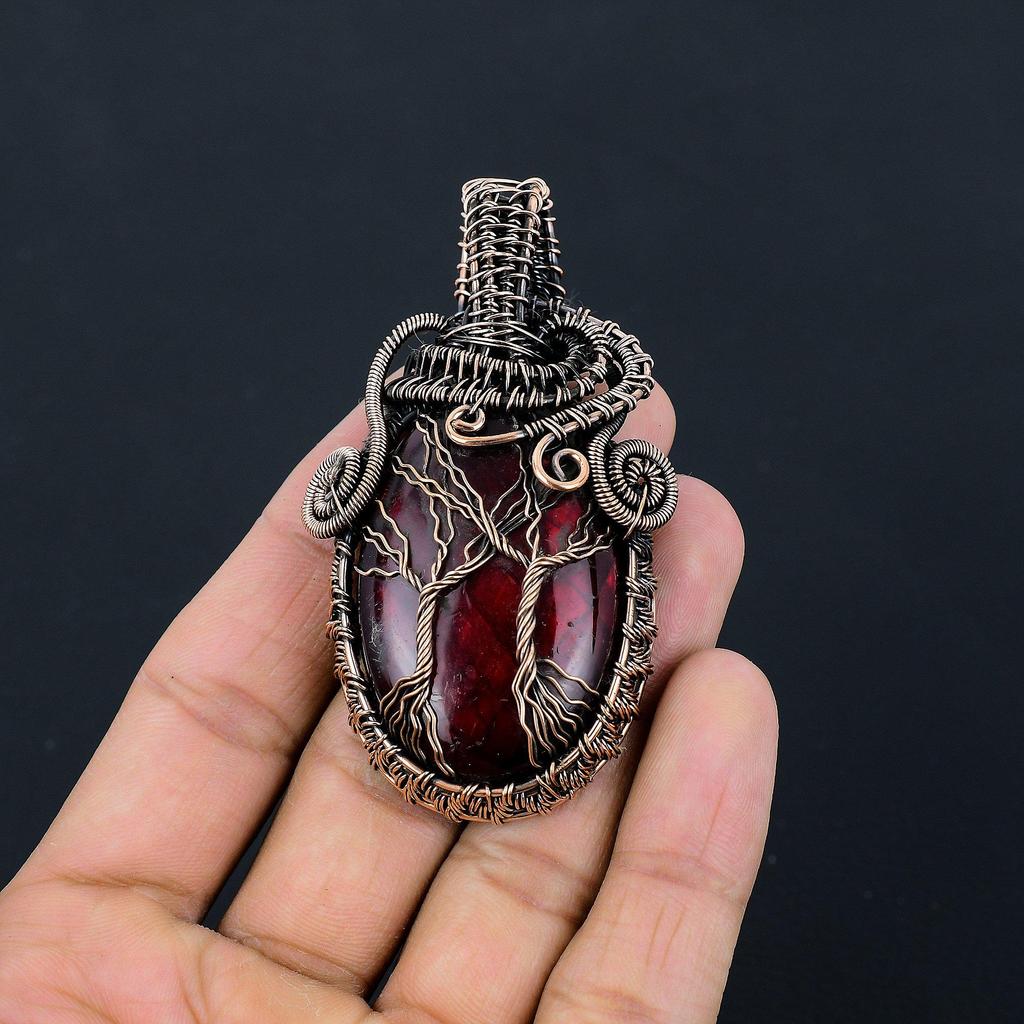 Red Flash Labradorite Pendant, 999 Copper Wire Wrapped Jewelry, Gemstone Jewelry Pendant, Handmade Wedding Gift Jewelry