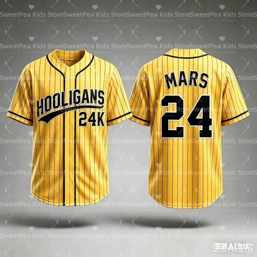 2026 Bruno Mars 24K Hooligans Baseballtrikot Herren Damen Unisex Kurzarm Hip Hop Streetwear Tops für Fans Familienpassend