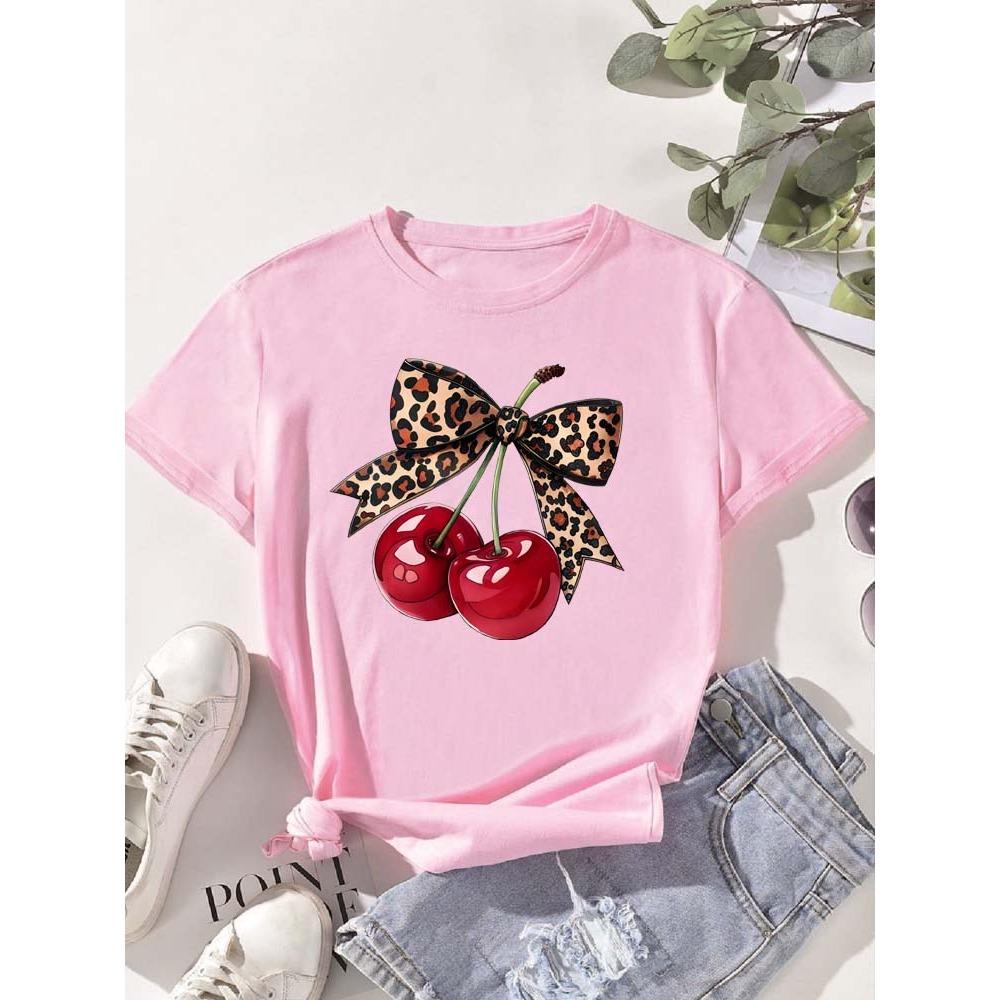 Mode Kirschdruck Damen T-Shirt Kurzarm Rundhals Lässige Oberteile für Sommer Frühling Damenbekleidung Oberteile T-Shirts