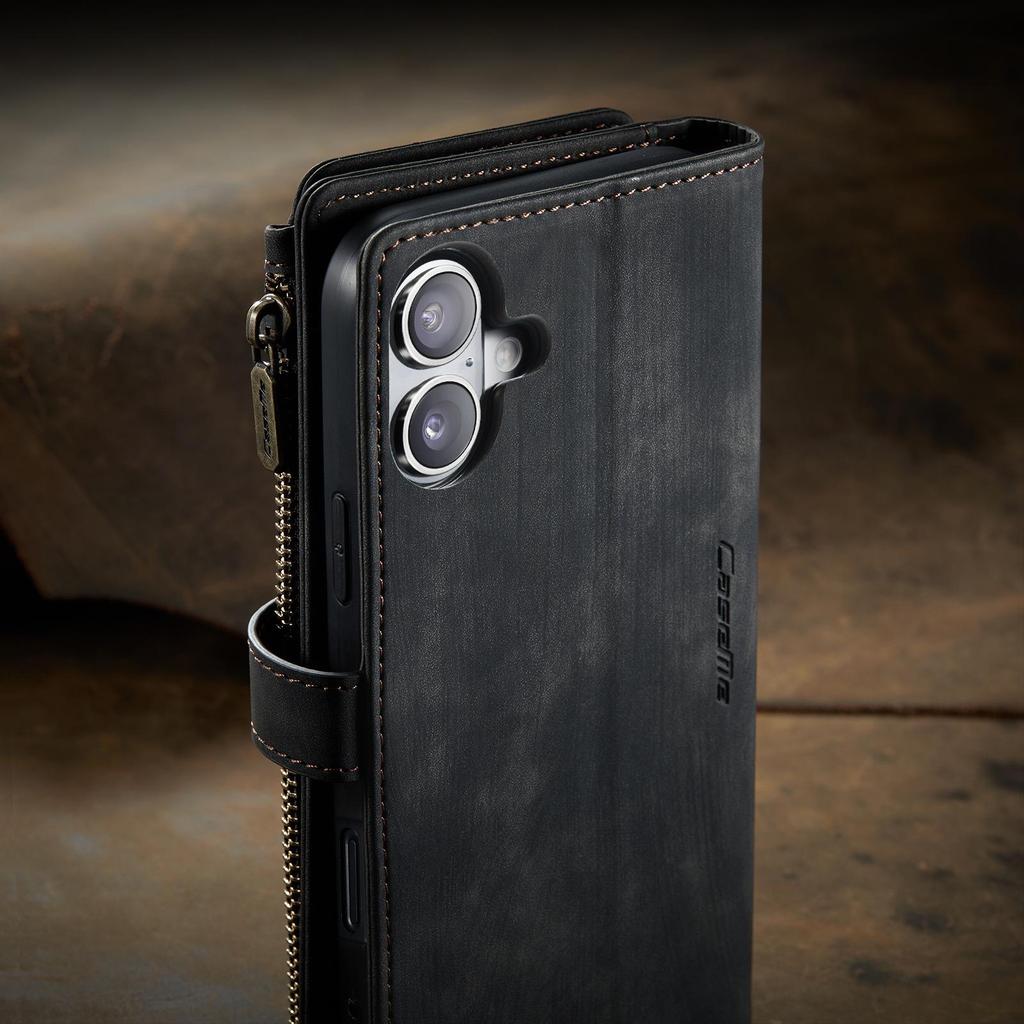 Kožené pouzdro s peněženkou pro Apple 16 Pro Max s přihrádkami na více karet, poutkem na ruku a funkcí stojánku.