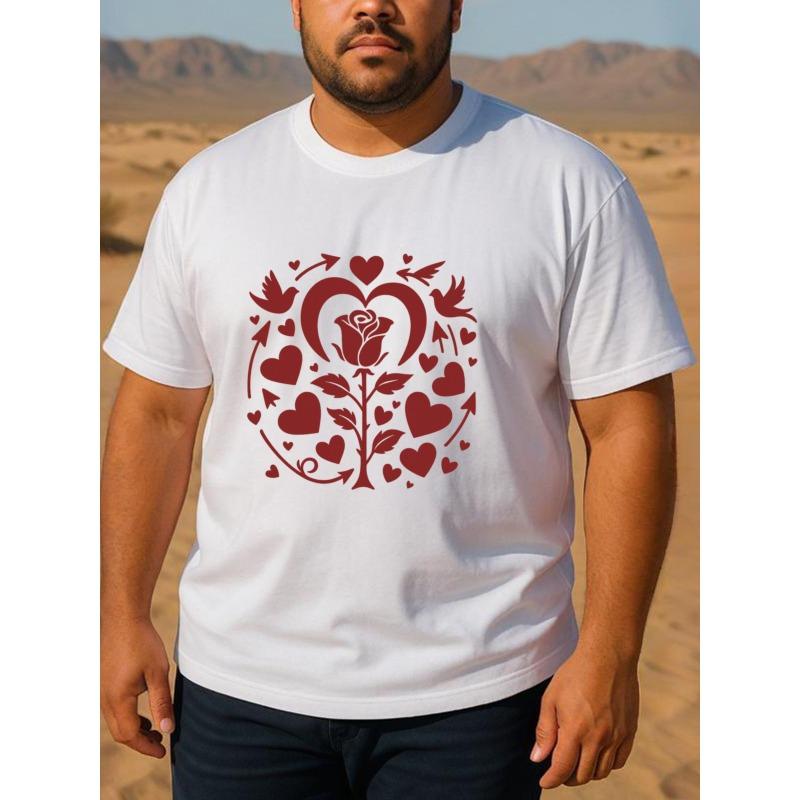 

European Size Men S Short-Sleeved Shirt with a Blossoming Heart Rose Print for Valentine S Day, Designed for Regular Sweat Absorption Quick Drying 5XL