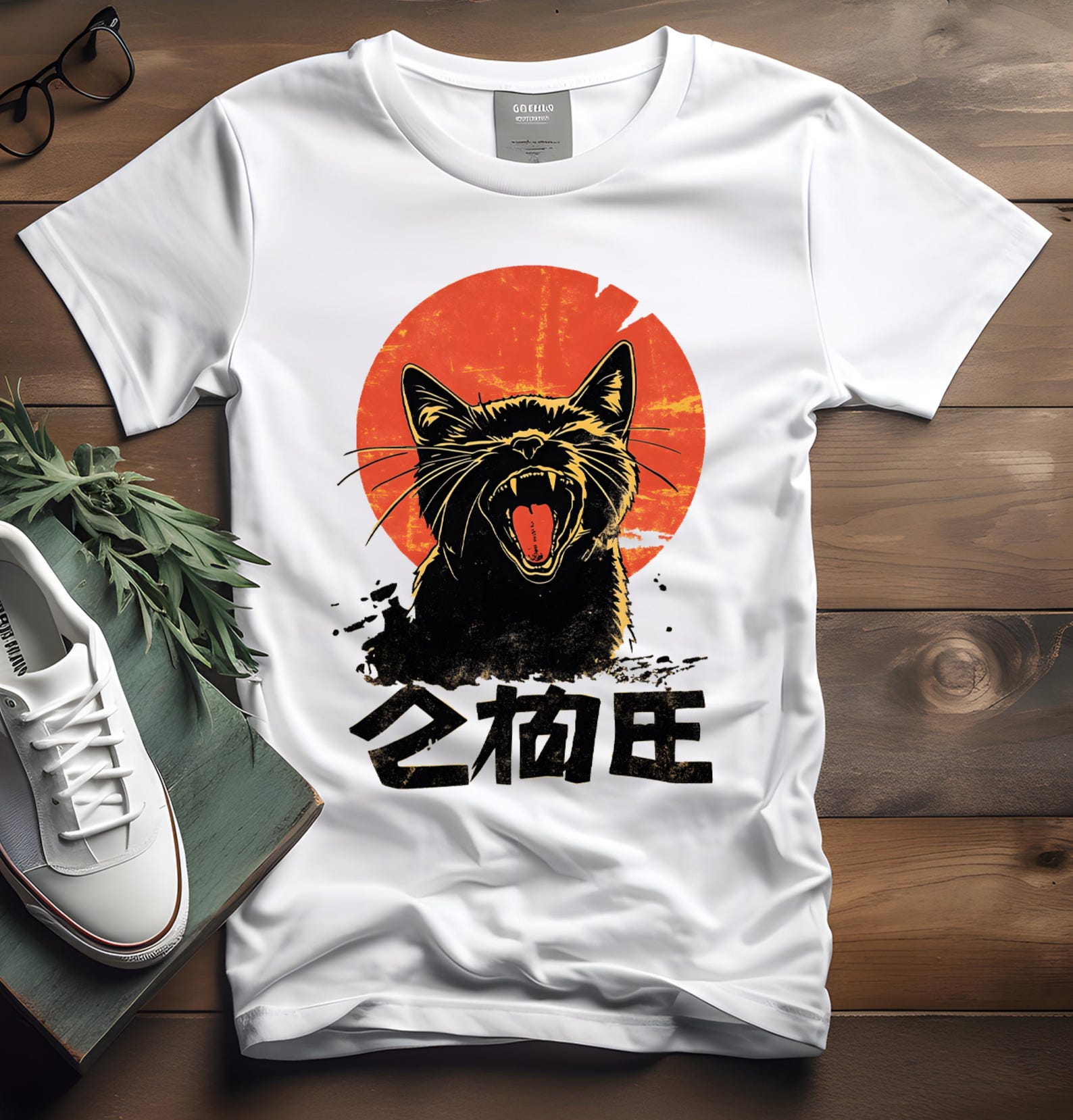 Rock Cat Retro T-Shirt: Bold Kanji Design, Music Lover Gift 3XL