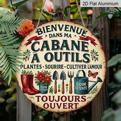 2D Flat, 1pc 7.87x7.87 Inch Round French Aluminum Sign, Vintage Decorative Plaque with "Welcome To My Tool Shed" Design, Garden Decor Sign, Suitable