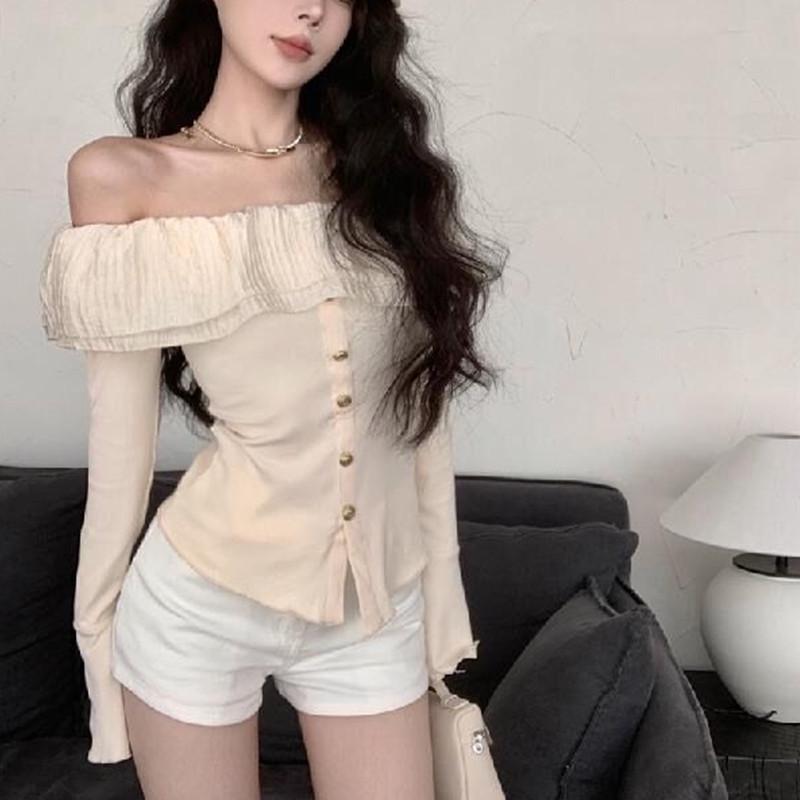 Høst 2024 Fransk Off-Shoulder Rynket Slim Topp for Kvinner