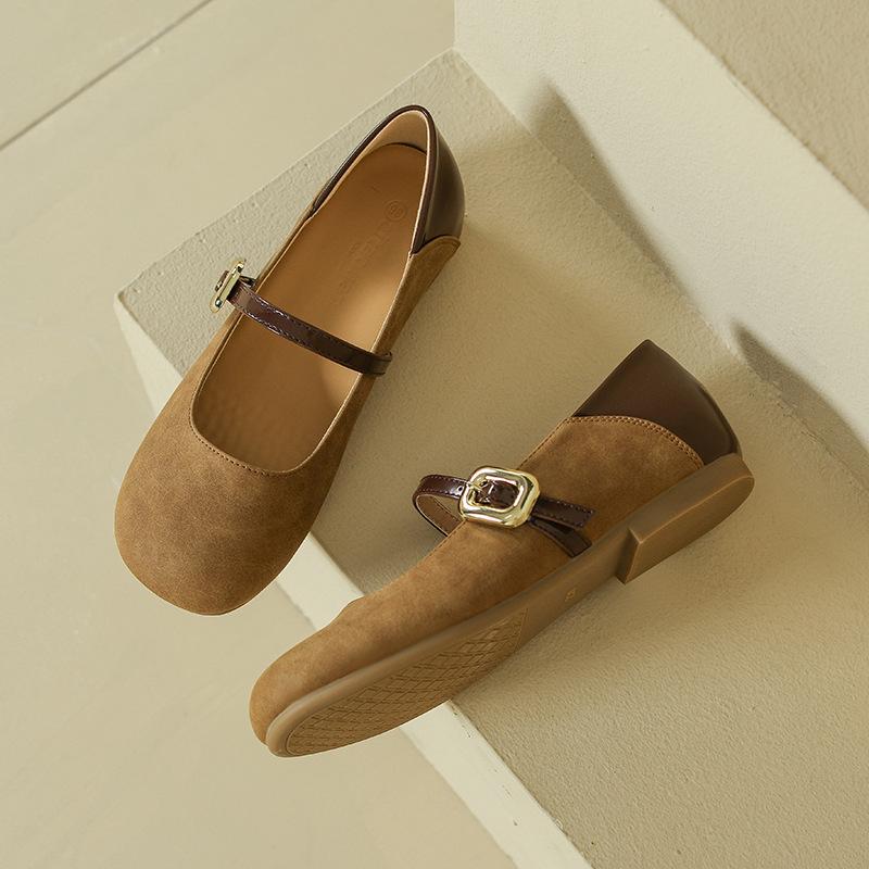 Soft leather Mary Jane single shoes, flat-soled splicing color doll shoes, soft-soled non-slip beanie shoes, single shoes