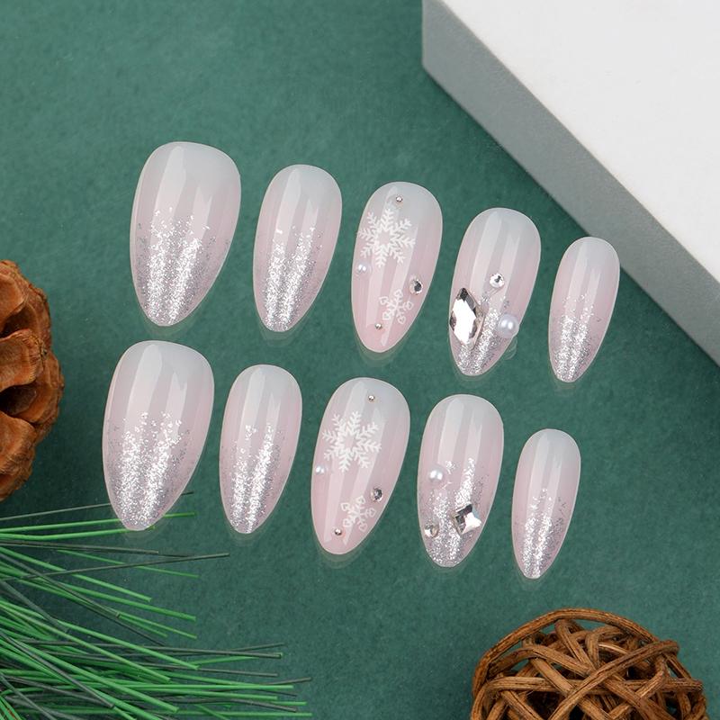 24Pcs French Glitter Snowflake Diamond Nude Christmas Press On Nails Removable False Nails For Women And Girls