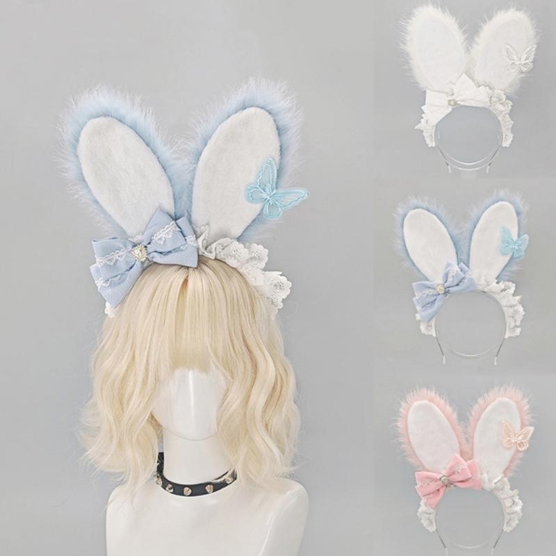 Plush Sweet Rabbit Ears Headband With Elegant Lace And Bowknot Detachable For Cosplay Party And Daily Wear