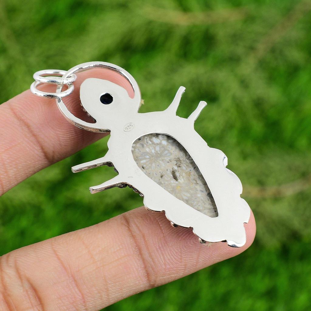 925 Silver Fossil Coral Gemstone Tanzanite Quartz Root Chakra Engagement Pendant