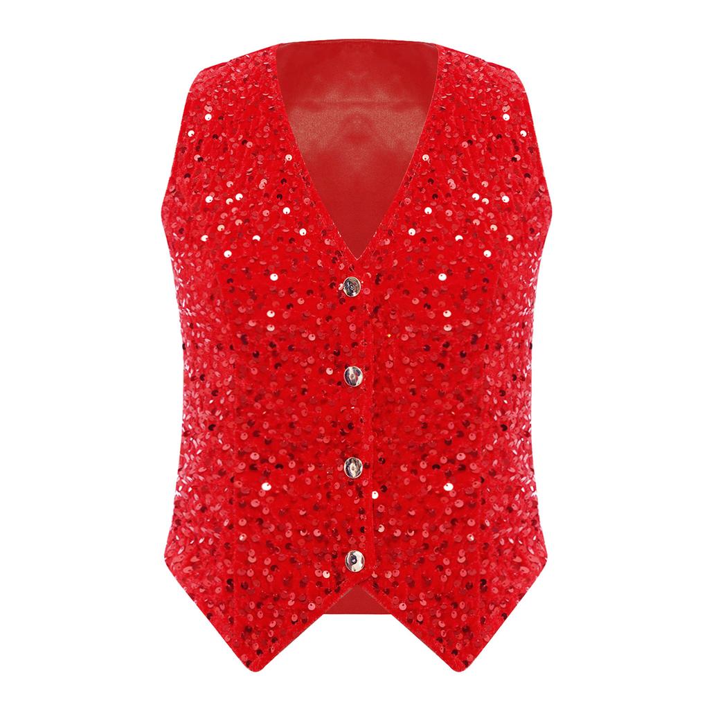 Women Sparkly Sequin Vest Sleeveless V-neck Irregular Hem Party Top for Cocktail Banquet Nightclub Summer