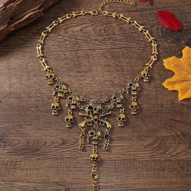 Metallic Skull Tassel Necklace - Retro Gothic Halloween Style