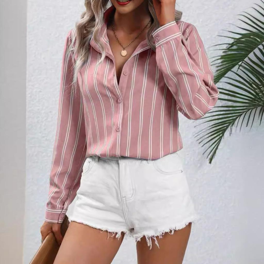 Women's Shirt Button V Neck Striped Loose Long Sleeve Cardigan Shirt Fashion Casual Tops