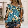 Women Plus Size Asymmetric Cold Shoulder Long Sleeve Tropical Leaf Print Sheer Embroidered Top