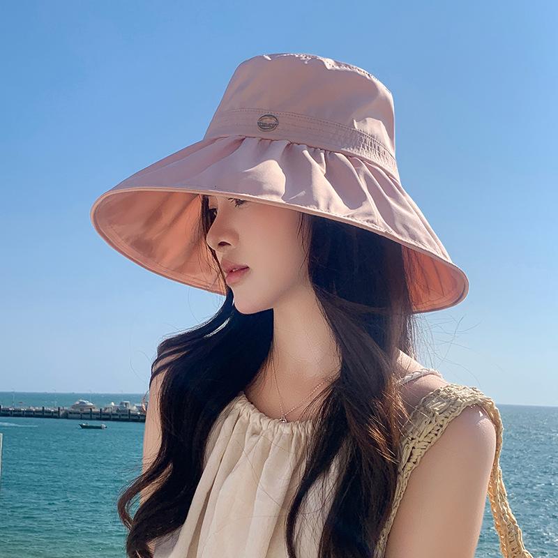Drawstring Fisherman Hat for Women, Spring and Summer Korean Style Wide Brim UV Protection Sun Hat, Outdoor Beach Breathable Hat