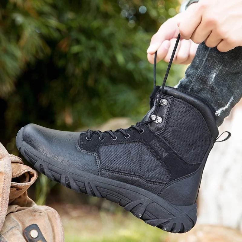 Fashion 2024 New High Top Leather Outdoor Men's Boots Breathable Desert Combat Work Ankle Outdoor Anti Slip Hiking Boots
