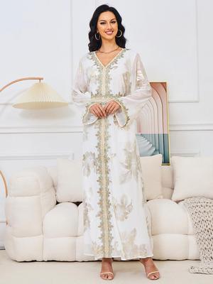Damen Dubai Abendkleid lang mit Heißprägung - Europäische & Amerikanische Mode Muslimische Reisebekleidung